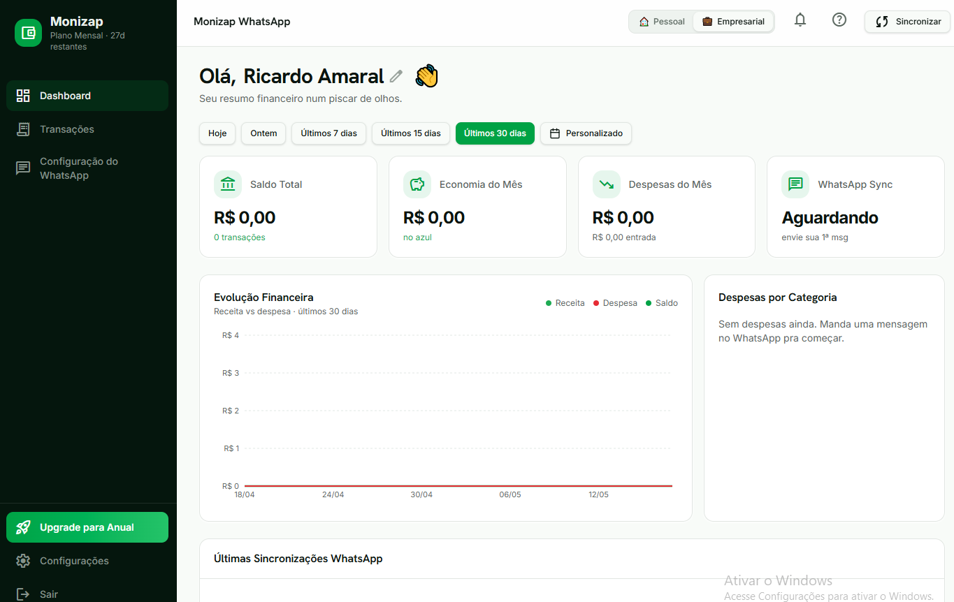 Dashboard completo do Monizap com saldo, economia, gráfico de fluxo de caixa e despesas por categoria
